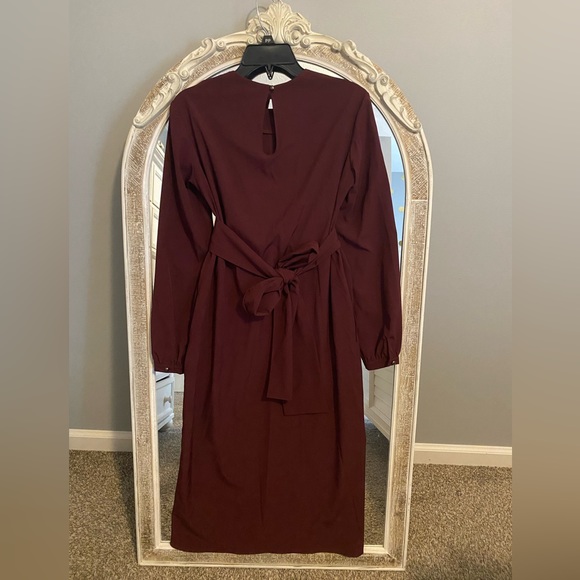 Tie front long sleeve midi dress in wine - Picture 6 of 6